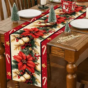 Christmas Table Flag, 30x180cm, with Trim, Gold Stars, Candy Cane, Poinsettia, Bell, Holly Leaf, Berry, Festive Decor