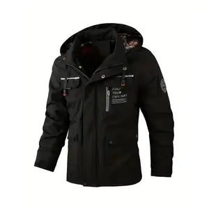 Men's Slim Fit Elastic Polyester Casual Hooded Trench Coat Tops - Parka Jacket with Clamshell Pockets, Letter Detailing, Suitable for Spring, Autumn Menswear, Hooded Jacket