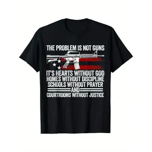 Men'S Patriotic The Problem Is Not Guns Graphic T-Shirt - American Flag & Rifle Design, Bold Statement Slogan, Black Casual Short Sleeve Round Neck Tee, Machine Washable Summer Top, American Flag Clothes 100% 180g men graphic tshirts Father'S day