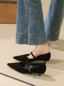 2388 Korean Style Pointed Toe Low Heel Slip-On Shoes, Elegant Suede Women's Casual Office Flats, Spring & Fall Fashion Footwear