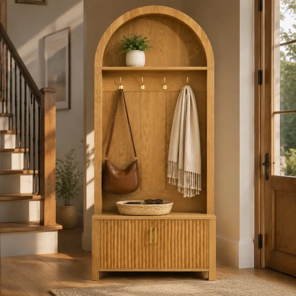 Littleox Arched Top Hall Tree with Bench and Shoe Storage,mudroom bench with storage,70.3"Arch Coat Rack with 4 Metal Hooks and 2 Fluted Doors,Farmhouse Style Furniture Organizer for Mudroom, Entryway, Hallway