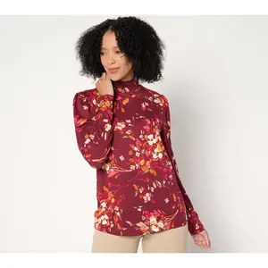 Susan Graver Printed Brushed Liquid Knit Mock-Neck Long Puff Sleeve Top