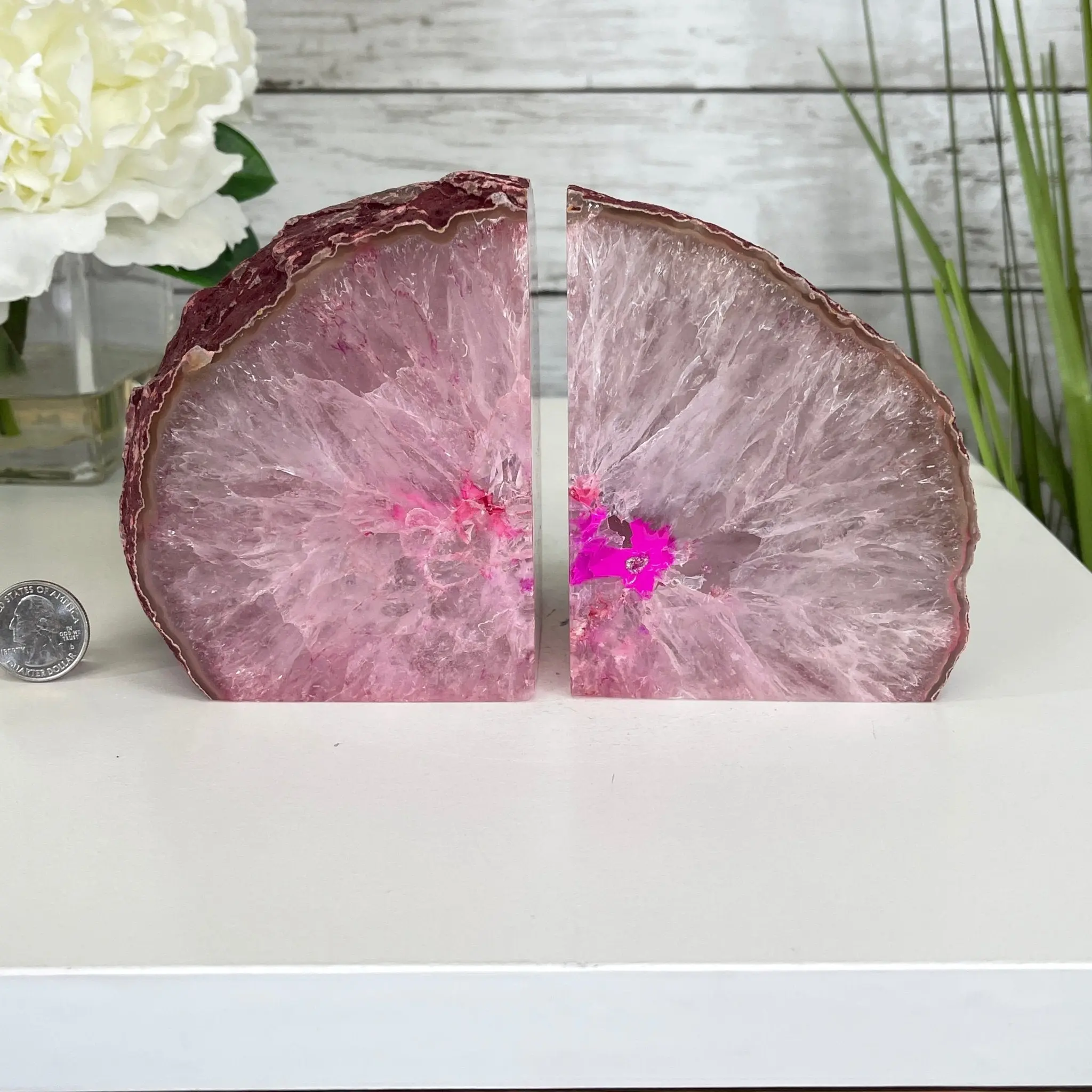 Pink Dyed Brazilian Agate Stone Bookends, 6 lbs & 4.5” Tall #5151-0023