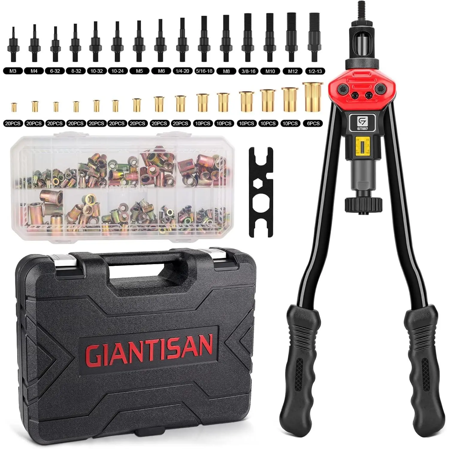 Rivet Nut Tool, 16-inch Rivnut Tool Kit with 15 SAE & Metric Mandrels, 236pcs Rivnut Assortment Kit and Rugged Case