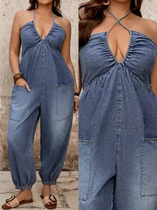 Plus Size Halter Neck Sleeveless Denim Overalls Romper, Casual Elastic Waist with Pockets, Essential Travel Wear, Comfortable and Stylish