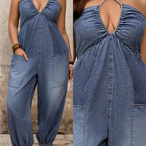 【Black Friday】Plus Size Halter Neck Denim Jumpsuit, Sleeveless Casual Elastic Waist with Pockets, Essential Travel Wear, Comfortable Stylish Aesthetic Overalls