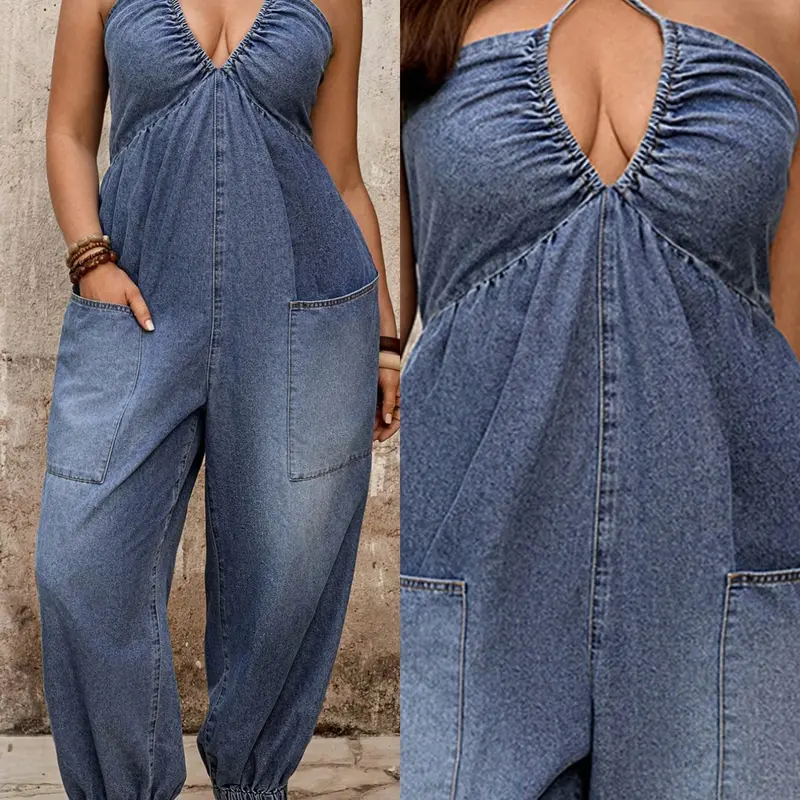 【Black Friday】Plus Size Halter Neck Denim Jumpsuit, Sleeveless Casual Elastic Waist with Pockets, Essential Travel Wear, Comfortable Stylish Aesthetic Overalls
