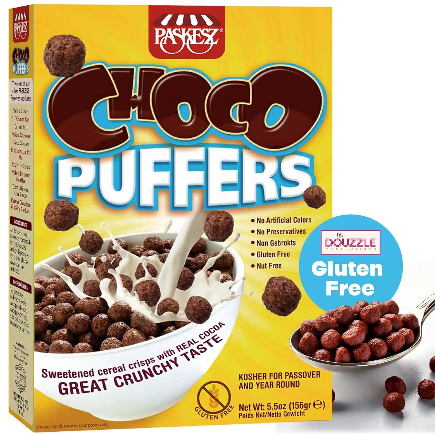 DOUzzle Gluten Free Choco Puffers Breakfast Cereal, Sweetened Cocoa Crisps (Pack of 1) Non Gebrokts Kosher for Passover Food Snacks - No Artificial Colors or Preservatives