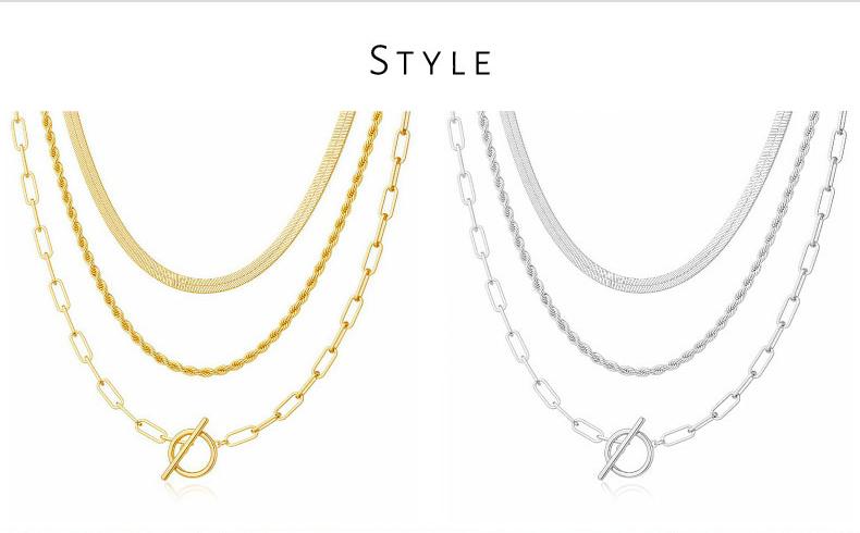 GGIRL 3 Layer 18K Gold Plated Herringbone Twisted Rope OT Toggle Clasp Paperclip Chain Necklace Stackable Set perfect for Everyday Wear,Minimally designed multiple items jewelry accessory for casual summer outfit ,ideal simple dainty gift, Elegant Dainty
