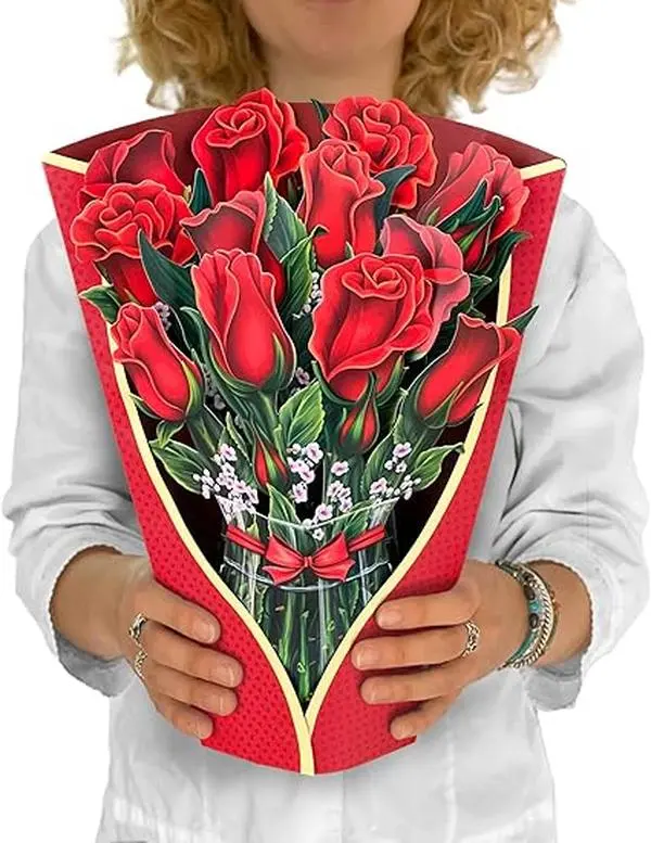 Pop Up Cards, Red Roses, 12 Inch Life Sized Forever Flower Bouquet 3D Popup Greeting Card, Valentine's Day Cards, Anniversary Card, Blank Notecard & Envelope