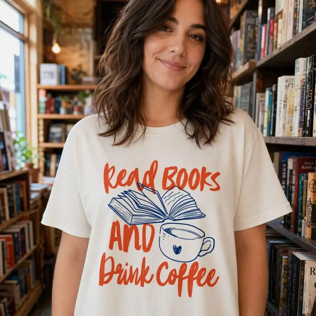 Book Lover Graphic Tee Women Plus Size Read Books And Drink Coffee Shir