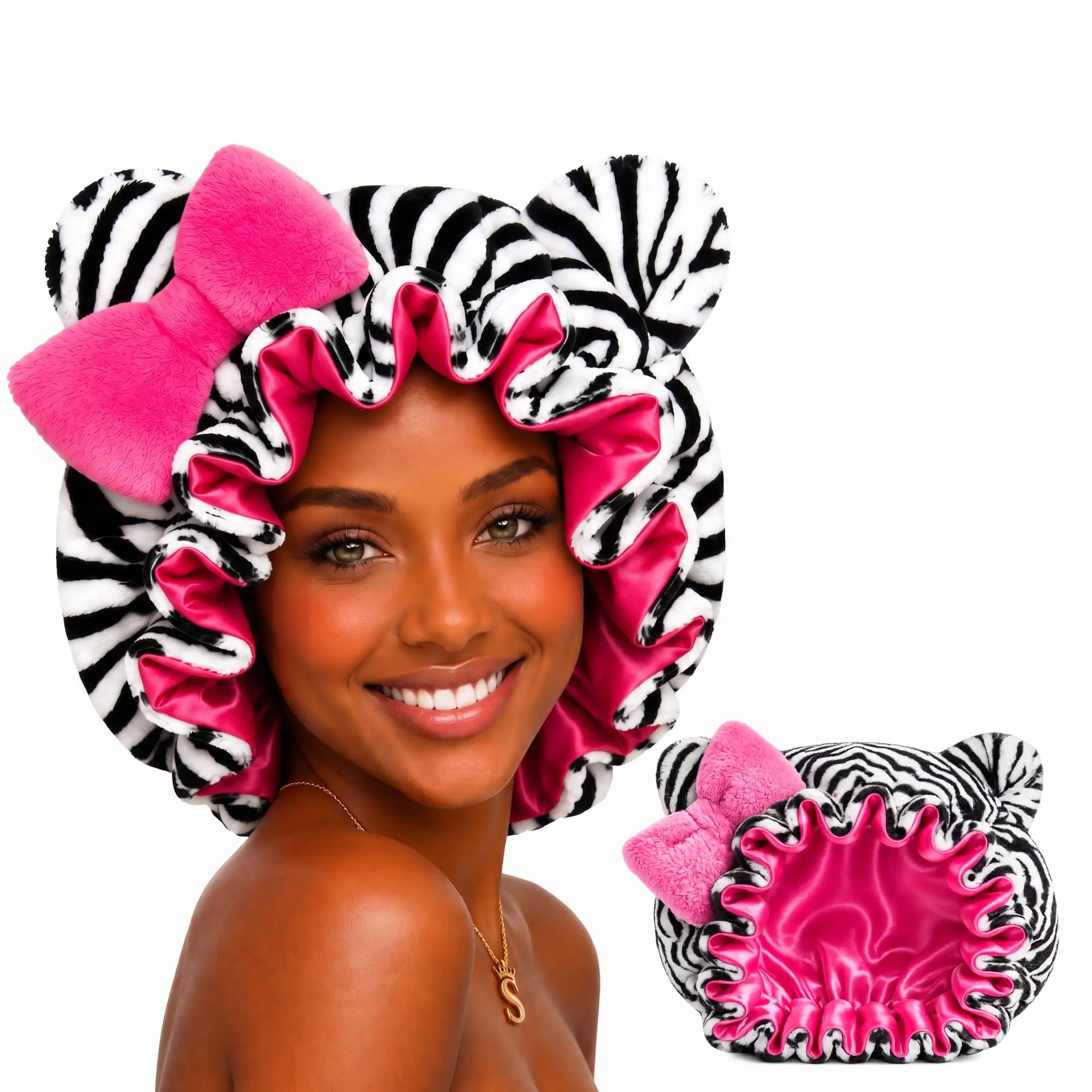 Sultresse Signature Zebra Print Cat Ear Bonnet for Women – Satin-Lined Sleep Cap, Night Cap for Curly Natural Hair