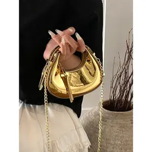 Fashionable mini exquisite handbag, crescent geometric shape, metal chain decoration, niche design fashion handbag, stylish mobile phone bag with full design sense, suitable for shopping, dating, afternoon tea, gathering and party, Pu Leather Handbag