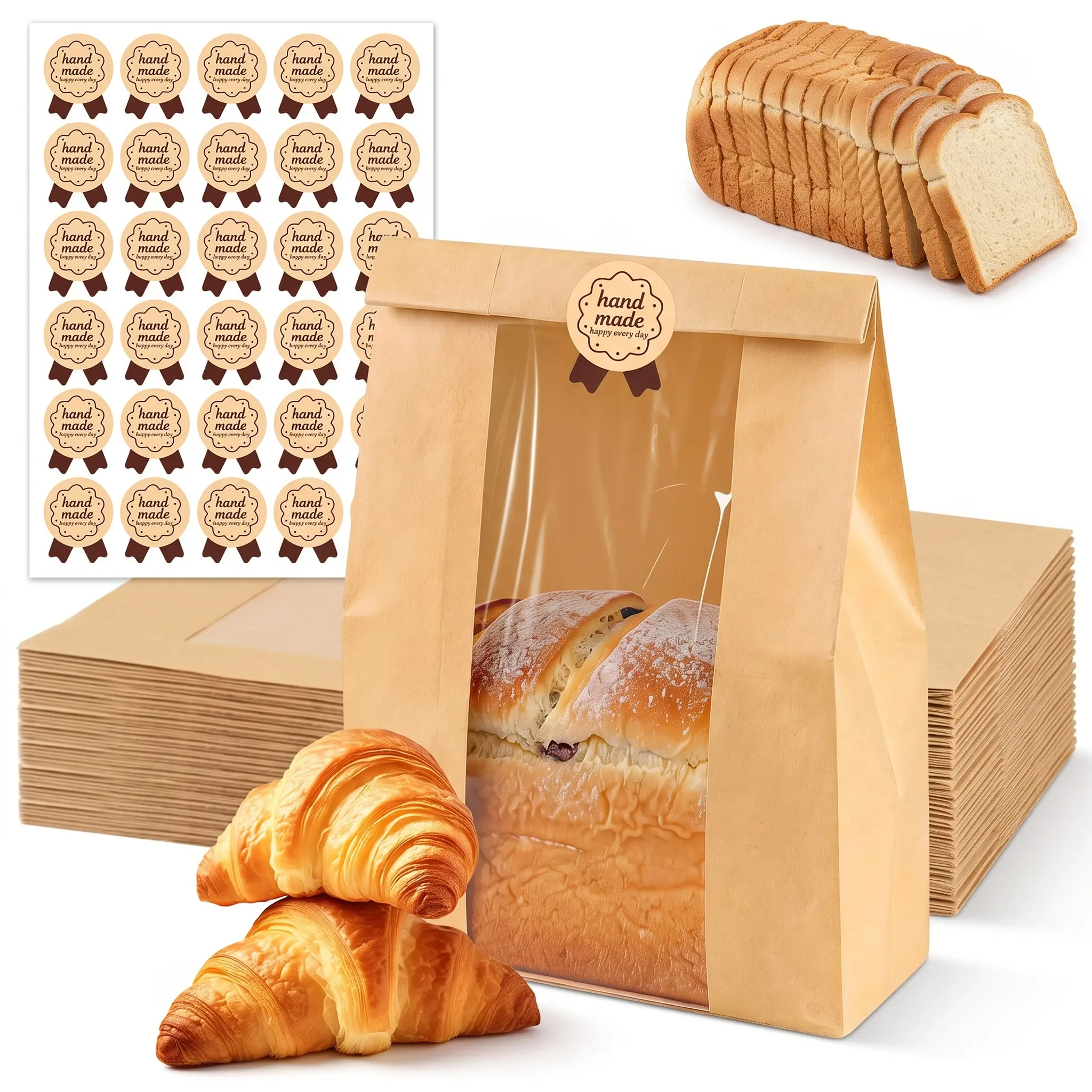 50 Pcs Bread Bags for Homemade Bread, Sourdough Paper With Window, 50% Thicker 13.7x8.2x3.7in A Large Bakery Bags Used for Storage Cookies & Snacks, 50 Sealing Stickers