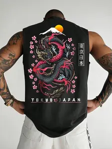 High Street Brand Sleeveless Top, Retro Japanese Dragon Print + Tokyo Japan Slogan, Loose Casual Fit, Men's Spring Summer Shirt