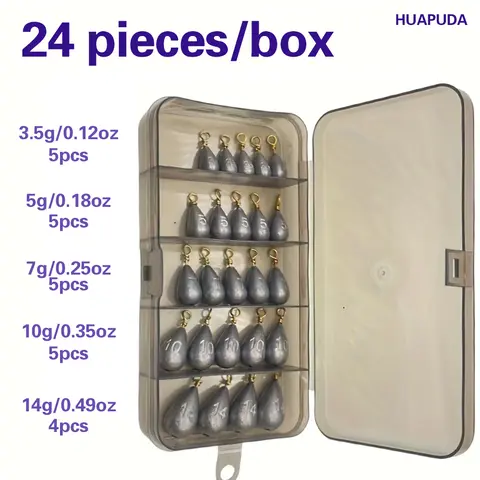 HUAPUDA 24pcs Multi-Size Water Drop Copper & Lead Sinkers with 360° Rotating Ring (0.18oz Variants) - Sport Fishing Accessory, Outdoor Fishing Supplies for Fresh/Saltwater, Father's Day Gift for Men