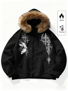 Unisex Y2K Gothic Angel Print Hooded Jacket, Fleece Lined, Zipper Design, Street Fashion, Warm and Stylish, Outdoor and Daily,Couple outfits, warm clothing, gothic style, Y2K style Wear