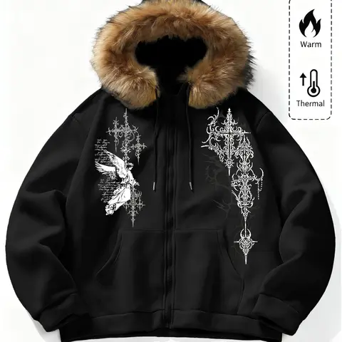 Unisex Y2K Gothic Angel Print Hooded Jacket, Fleece Lined, Zipper Design, Streetwear, Pockets, Casual Comfy Zipper, Warm, Outdoor and Daily