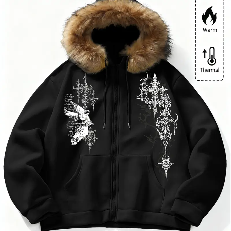 Unisex Y2K Gothic Angel Print Hooded Jacket, Fleece Lined, Zipper Design, Streetwear, Pockets, Casual Comfy Zipper, Warm, Outdoor and Daily