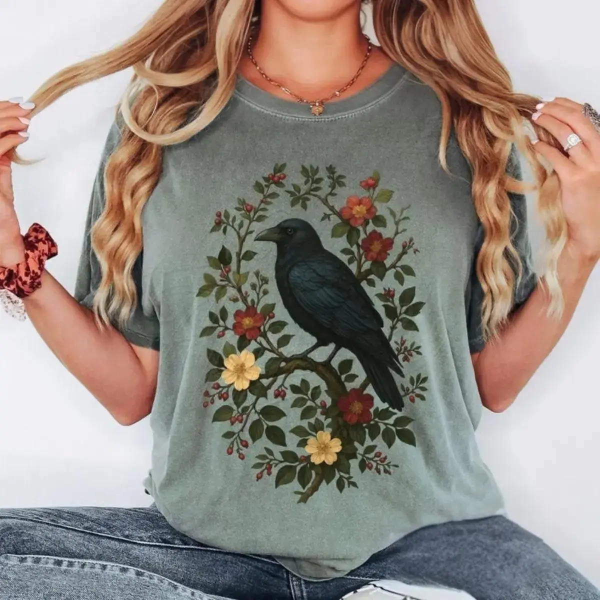 Comfort Colors Vintage Raven TShirt, Gothic Cottagecore Tee, Crow and Floral Graphic Top, Dark Nature T-Shirt, Witchy Aesthetic Gift, Retro Bird Tee For Her - Michigan First