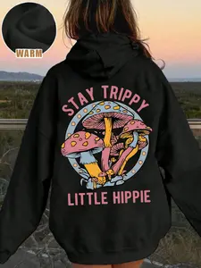 Women's Hooded Sweatshirt, Stay Mushroom Print, Casual Loose Fit Pocket Top, Fashion Outdoor Daily Wear, Street Style Spring Fall