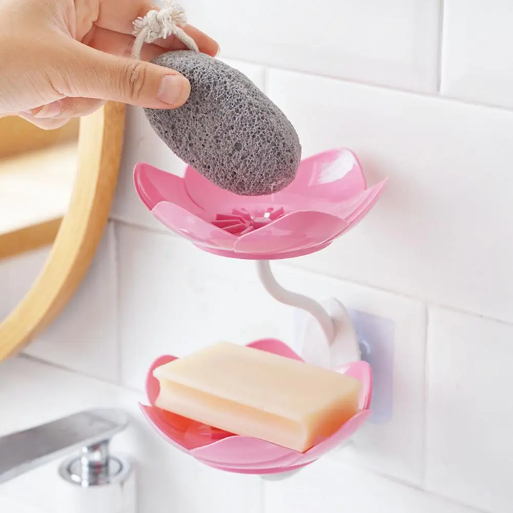 Double-Layer Lotus Flower Design, Removable & Wall-Mounted, Ideal for Bathrooms & Showers, Durable Plastic Soap Dish Storage Solution, Soap Dish Holder, Bathroom Accessories