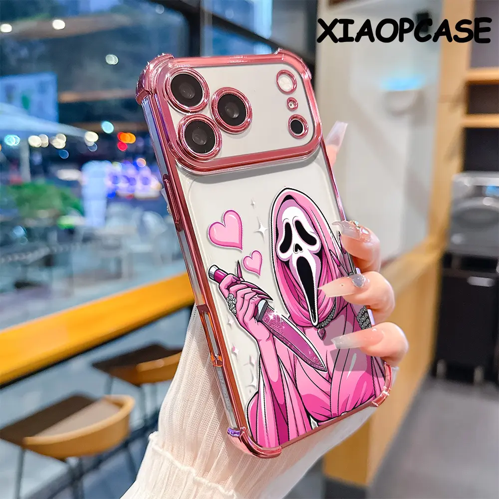 Pink Screaming Ghost Face Customized Smartphone Casing, Shockproof Anti-Drop Transparent Soft Back Cover for iPhone 13-17, 16e, Pro, Max, Air, Plus - Protective Accessory for Devices
