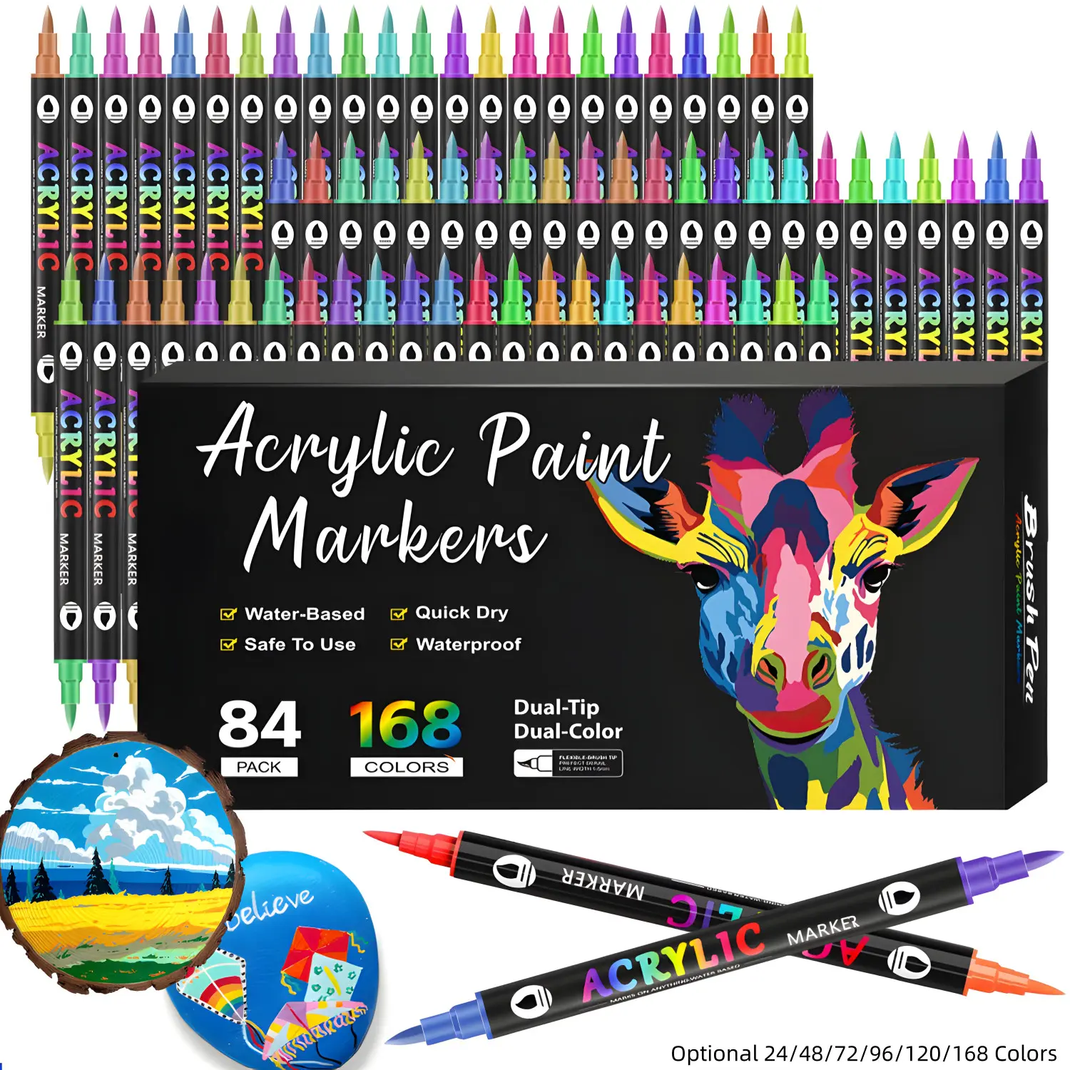 Acrylic Paint Markers,24/48/72/96 Colors,Dual tips Dual Color Acrylic Paint Pens for Rock Painting, Canvas, Wood, Glass, Ceramic, Fabric, Plastic, Egg & Scrapbook, Soft Brush Tips Paint Pens, Art Marker Set, Art Supplies