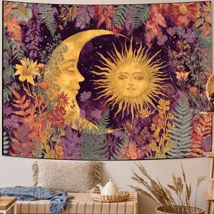 Sun and Moon Tapestry Vintage Bohemian Wall Hanging, Sun and Moon with Blooming Flowers in a Mysterious Realm, Starry Sky Pattern, Large Size Polyester Tapestry for Living Room, Bedroom, Office, Home, Room Party Decoration, Live Streaming Backdrop Cloth