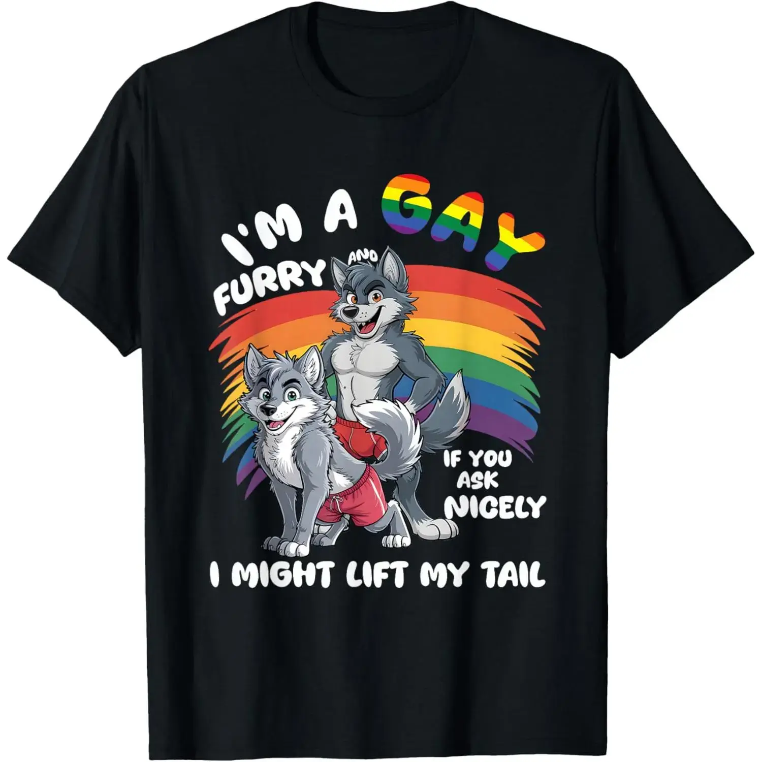 Men's Fun Gay Furry Pride Month T-Shirt - Rainbow Fox and Dog Pattern with the slogan "I'm Gay Furry," LGBTQ+ Apparel, Comfortable Crew Neck Short Sleeve Casual T-Shirt, Suitable for Casual Wear and Pride Events, Comfortable Fit for All Seasons, Adult Siz