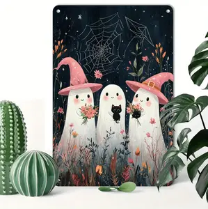 Vintage Inspired Halloween Wall Art Sign Featuring Colorful Ghosts and Spooky Designs for Home and Business Decoration