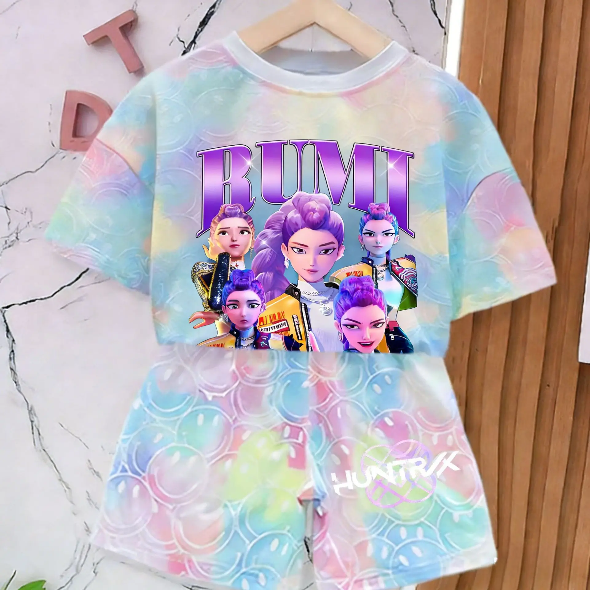 Girls Cartoon Heart Printed Love Pajamas Set Flame Retardant Fabric Sleepwear Suits