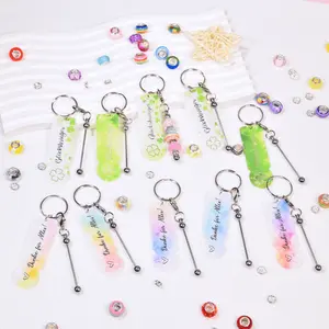 20pcs Rainbow Heart&Green Four-Leaf Clover Beadable Shopping Cart Coin Keychain Set, Acrylic DIY Beadable Rods with 10 Keychain Charms