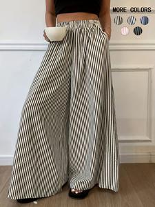 women's striped print elastic waist wide leg pants, casual comfy pocket baggy trousers for daily wear, ladies loose bottoms for all seasons, wideleg womenswear