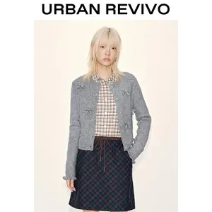 URBAN REVIVO Women's Elegant Long-Sleeve Bow-Embellished Knitting Cardigan, Casual Chic Knitwear Top, UYY950139