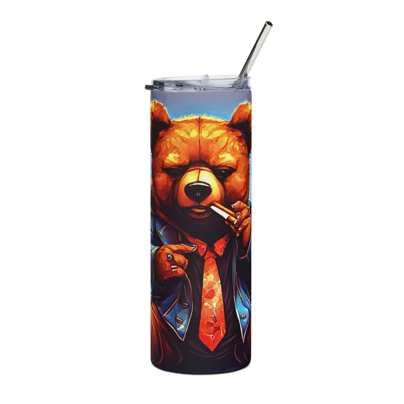 Men's Street Style Tumbler with Unique Bear Design 20 oz Stainless Steel Glossy Drinkware with Lid & Straw for Hot Cold Beverages Coffee Flasks