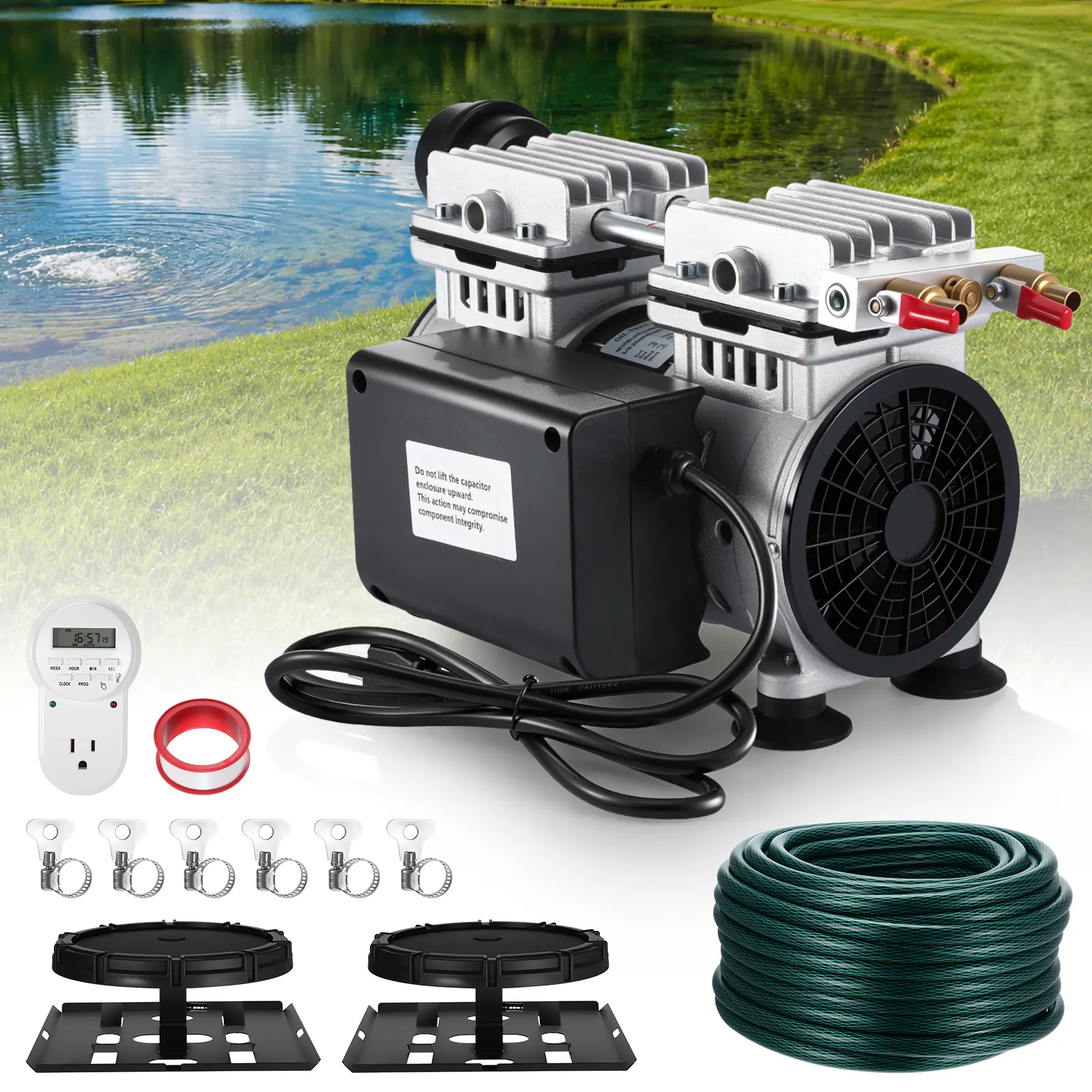550W Fish Pond Oxygen Pump, 3/4 HP 5.2 CFM Pond Aeration System with Timer & 100FT Sinking Hose, Diffused Aerator for Fish Farming, Ponds, Lakes & Aquaculture