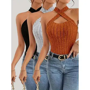 Women's Solid Color Hanging Neck Ribbed Tank Top, Casual Fashion Sleeveless Top for Daily Outdoor Wear, Ladies Clothes for All Seasons,
