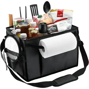 Large Grill and Picnic Caddy with Paper Towel Holder, Condiment Pocket, Foldable BBQ Organizer Easy Carry Griddle Caddy for Camping, RV, Outdoor Waterproof Oxford Cloth