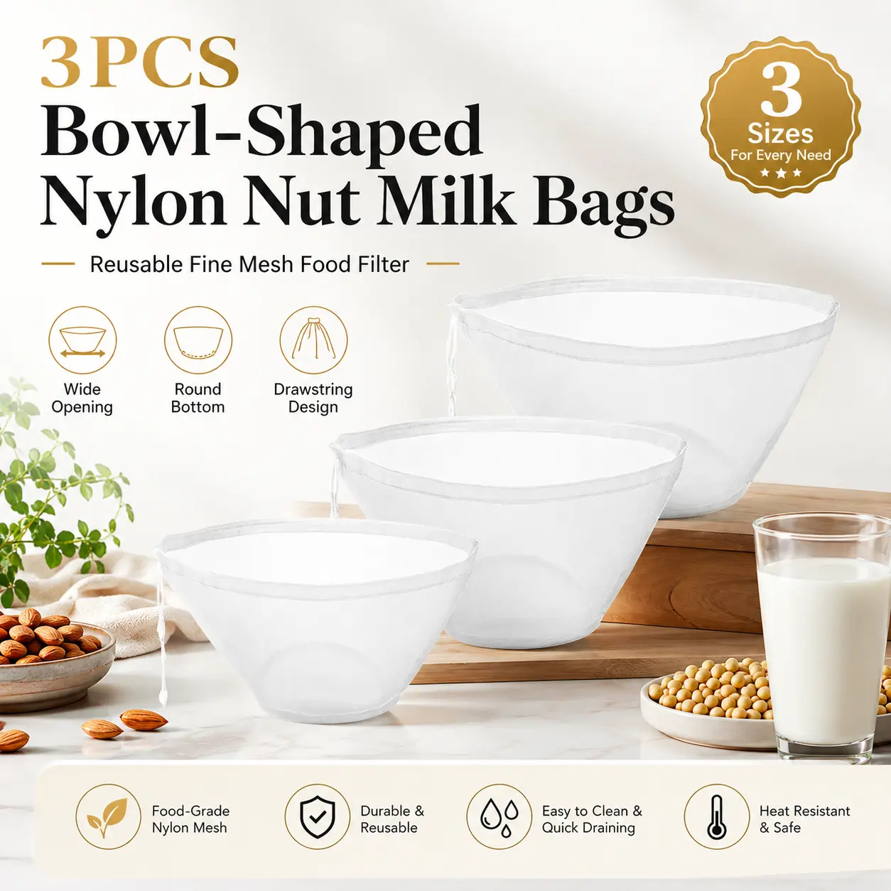3PCS Reusable Nut Milk Bags, Bowl-Shaped Fine Mesh Food Strainer Bags for Almond Milk, Juice, Tea, Yogurt, Cheese & Cold Brew