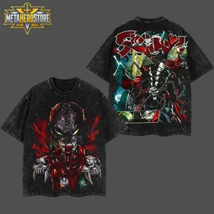 [MetaHero] Spawn Dark Anti Hero Graphic T-Shirt Hoodie, Red Mask Comic Back Print Tee, Black Acid Wash Oversized Shirt, Vintage Superhero Streetwear Pullover Hoodie, Dark Comic Fan Gift