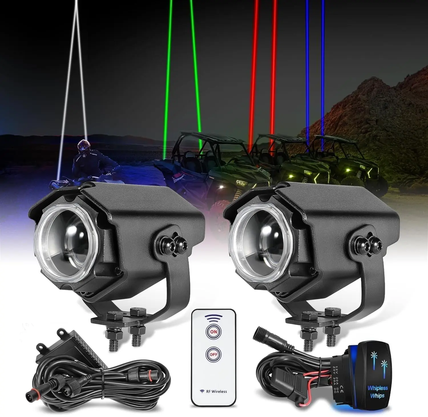 LED Whipless Whip Lights Remote & Switch, Side by Side RGBW Spot Beam Pod Lights Chase Light Pods Alien Light Antenna LED Whips for SXS UTV ATV Polaris Can Am Truck Wrangler Motorcycles Boat