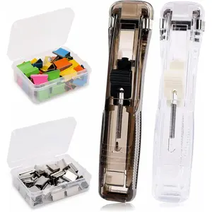 2Pcs Paper Clip Dispenser, Handheld Paper Clam Clip Dispenser with 100 Pcs Paper Clam Clip, 2Pcs Clam Clip Dispenser, Mini Push Stapler, Clam Clip Dispenser for Office School Files Assignments