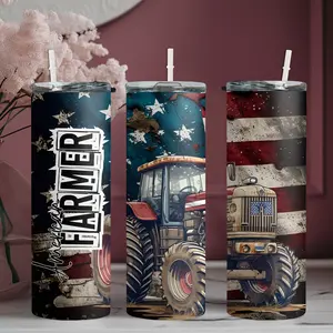 1pc 20oz stainless steel water bottle, printed with American farmer tractor retro style design straw cup water bottle, Tumbler, suitable for fitness, travel, driving and daily use at home. Gift for family and friends