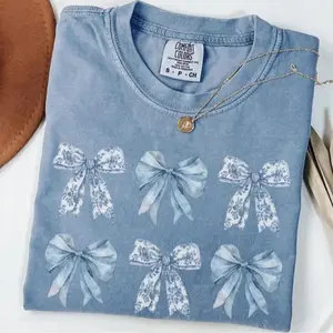 Comfort Colors Toile Bow Shirt Blue Coquette Tshirt Cute Ribbon Tee T-Shirt Girly Girl Aesthetic Gift for Her