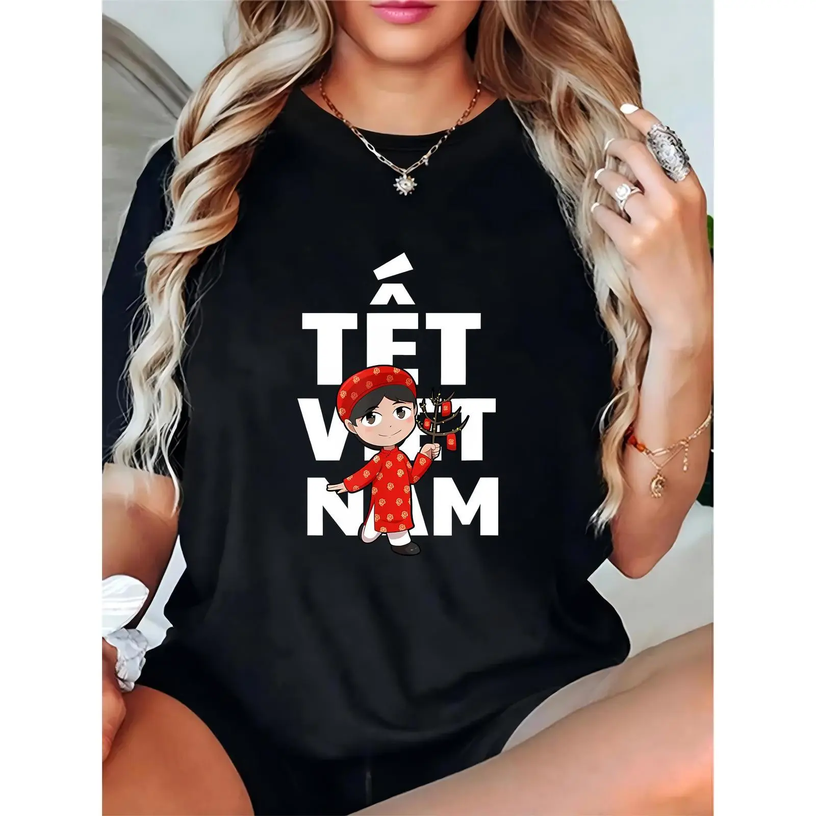 Women's 100% Cotton Relaxed Fit Round Neck Short-Sleeve T-Shirt - TET Vietnam Cartoon Character Red Traditional Outfit, Lightweight Breathable Vietnamese New Year Casual Top, Comfortable, Loose, Cartoon Print, Vietnamese Style Women's T-Shirts, Machine Wa