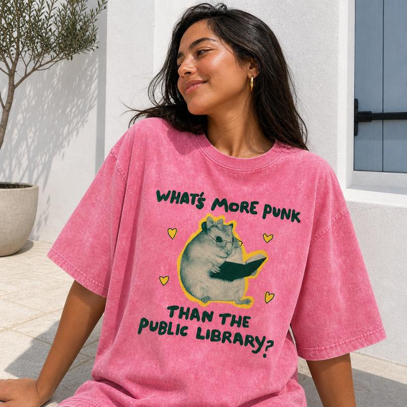 Funny Bookish Library Graphic Tee Women Soft Washed Cotton More Punk Than Public Library Hamster Shirt S-5XL