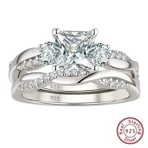 925 Sterling Silver Eternity Engagement Rings Twist Cross Wedding Band Bridal Sets Princess Cut AAAAA CZ Jewelry BR1273 #Love Story