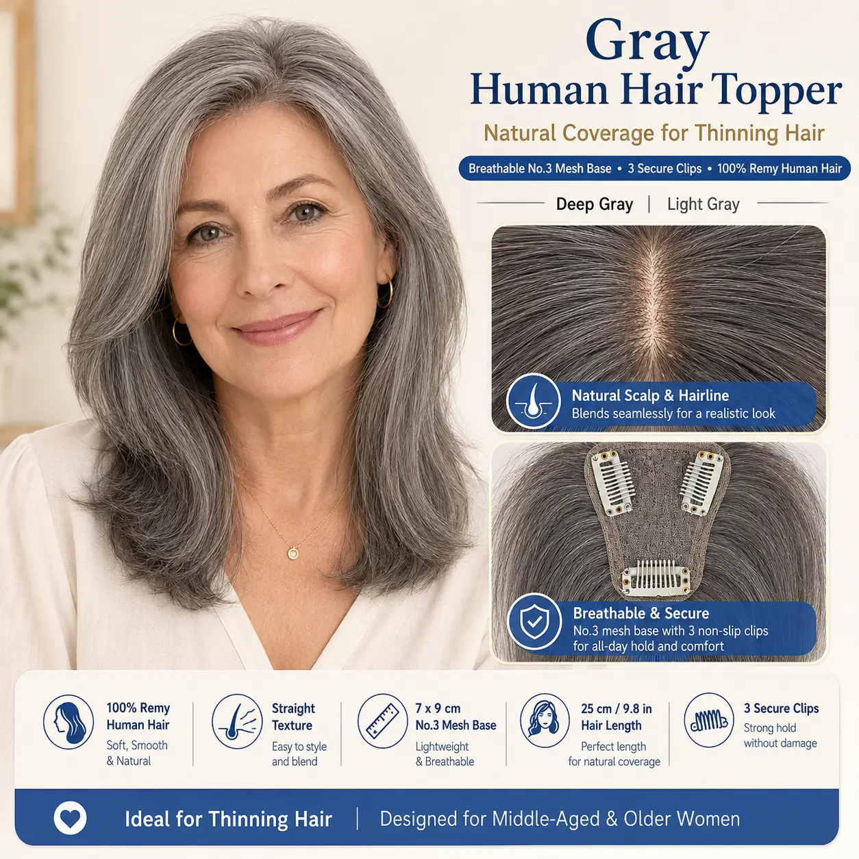 Gray Human Hair Topper, 100% Remy Human Hair, 7 x 9 cm No.3 Mesh Base, 25 cm Clip-In Hairpiece with 3 Secure Clips, Breathable Lightweight Natural Top Coverage for Thinning Hair, Deep Gray & Light Gray