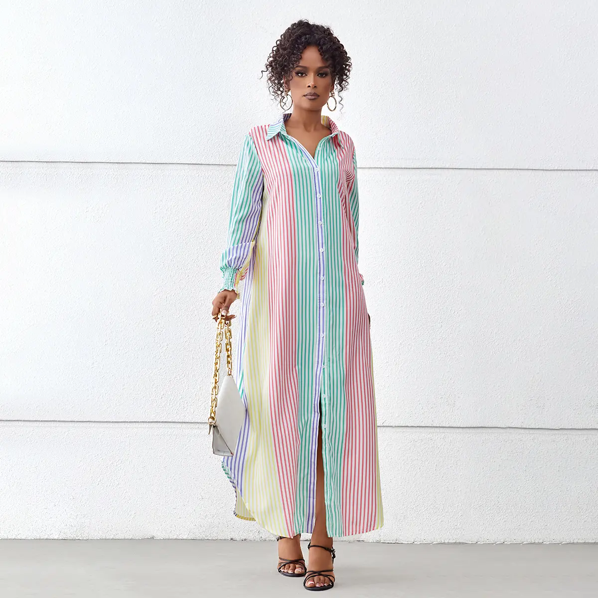 WENRY Spring And Summer Striped Colorful Long Sleeve Shirt Dress Machine Washable Fashionable Striped Pattern Chic Casual